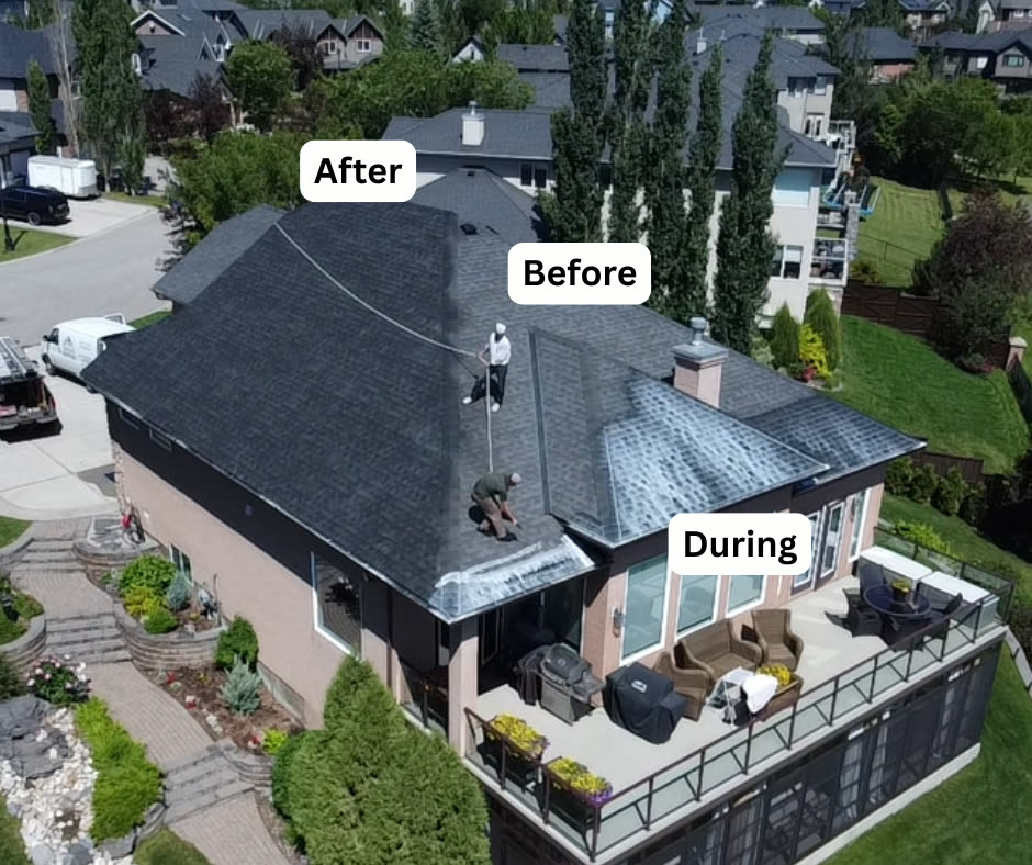 Aerial view of a hip roof mid-rejuvenation showing the treated dark section beside the faded untreated section